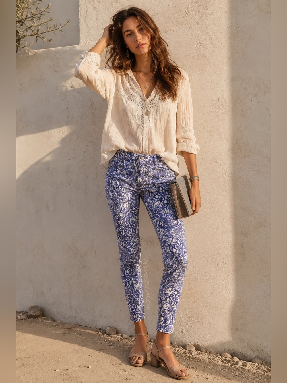 Blue & White Rare Damask Ankle Skinny Jeans Printed Denim - Picture 1 of 14